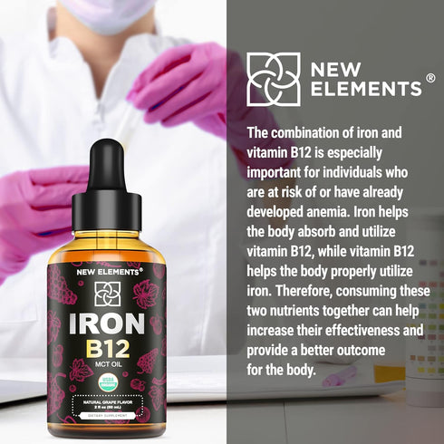 Liquid Iron Supplement for Women & Men - 2 Fl Oz - with Vitamin B12 5000mcg, Natural Grape Flavor, Blood Builder for
