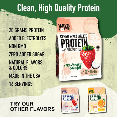 WILD SOCIETY Premium Clear Whey Protein + Electrolytes, Strawberry Coconut, 16 oz