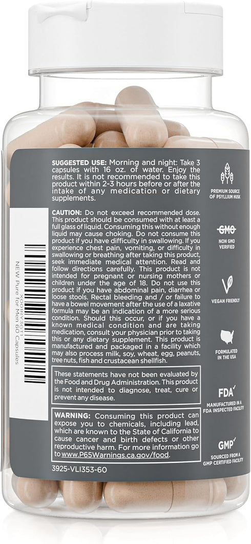 Pure for Men Original Cleanliness Fiber Supplement - Promotes Digestive Regularity, 60 Vegan Capsules