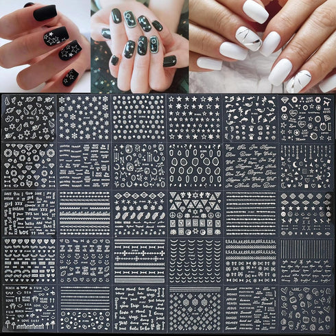 90 Sheets Silver Nail Art Stickers, Holographic Laser 3D Self Adhesive Designs for Nail Decoration with Tweezer