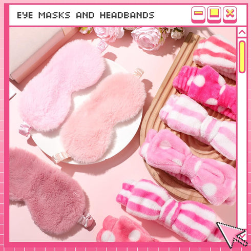 Newcotte 24 Pcs Sleepover Party Supplies for Girls, 12 Pcs Plush Sleep Eye Mask and 12 Pcs Bow Hair Band (Cute Style)