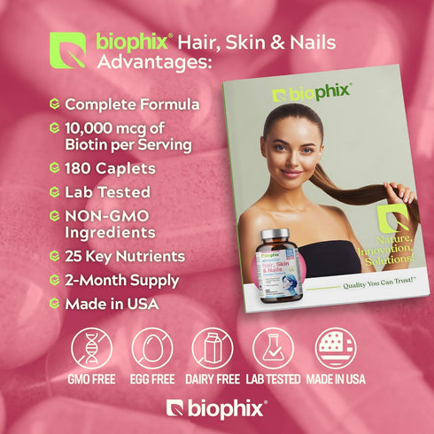 biophix Hair Skin and Nails Complex, 180 Caplets with 10,000 mcg Biotin for Healthy Aging