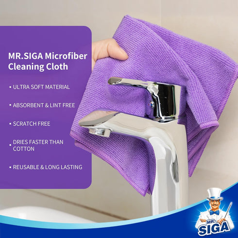 MR.SIGA Microfiber Cleaning Cloths - Pack of 12, All-Purpose Towels, Streak-Free, Purple, Size 32 x 32 cm