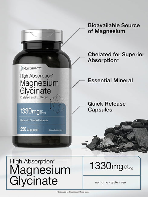 Horbaach Buffered Magnesium Glycinate, 1330mg, 250 Capsules, with Chelated Minerals, Non-GMO, Gluten Free