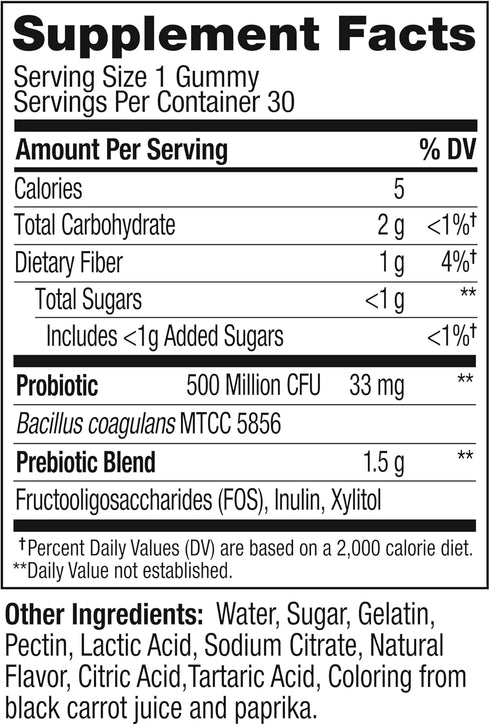 Gummy, 500 30 30 Count OLLY Probiotic + Prebiotic Million CFUs, FOS, Adult Chewable Supplement for Men and Women, Peach