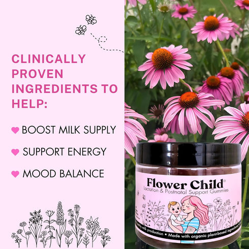 Gummies 60 Count Flower Child Breastfeeding for Milk Production with Organic Moringa, Milk Thistle, Choline & DHA