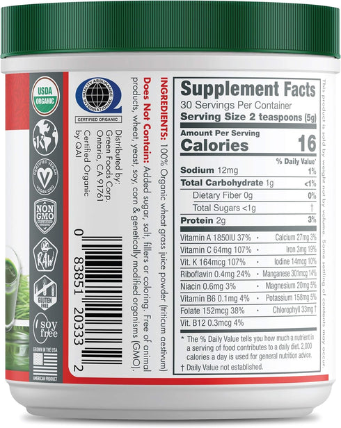 Green Foods Wheat Grass Shots, 5.3 oz, Certified Organic, Vegan, Gluten-Free
