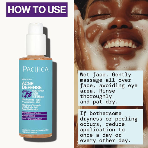 Pacifica Acne Defense Face Wash - Deep Pore Purifying Cleanser with 2% Salicylic Acid, Niacinamide & Cucumber for