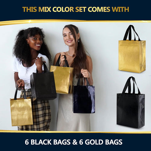 Nush Nush Black & Gold Gift Bags, Medium Size Set of 12 Reusable Bags for Birthday, Anniversary, Graduation