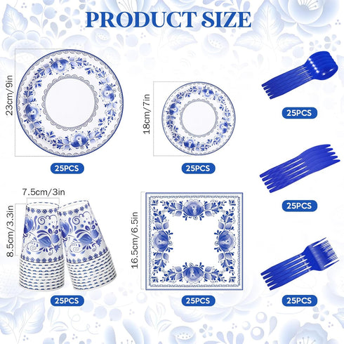 175 Pcs Blue White Floral Disposable Tableware Set Serves 25 Guests Chinoiserie Flower Paper Plates Napkins Cups Knifes Forks Spoons for Wedding Birthday Tea Party Bridal Baby Shower by Yaomiao