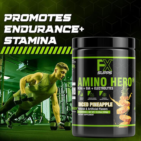 Amino Hero Diced Pineapple Flavor Post-Workout Recovery Drink, 25 Servings, Energy Powder Mix with BCAA, EAA