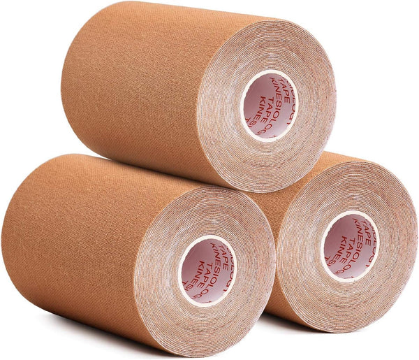 3 Pack Kinesiology Tape, Water Resistant Muscle Support Adhesive Sport Tape for Pain Relief, Tan 4in 5.5yd