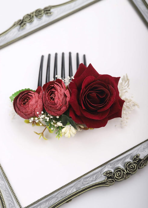 Kercisbeauty Red Rose Burgundy Hair Comb, Vintage Bridal Floral Headband for Women Girls Party