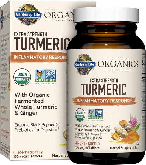 Garden of Life Organics Extra Strength Turmeric - 120 Tablets with 100mg Curcumin, Black Pepper, Probiotics
