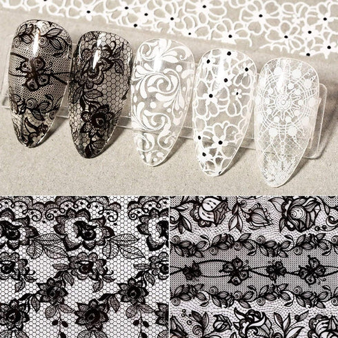 Holographic Nail Foil Transfer Stickers, Black White Lace Laser Foils for Nail Art Supplies, 10 Rolls