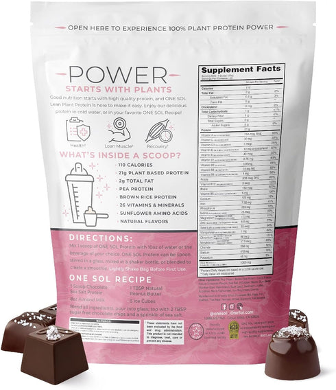 One Sol Lean Plant Protein Powder, Chocolate Sea Salt, Low Carb, Gluten Free, Non-GMO, Vegan Friendly