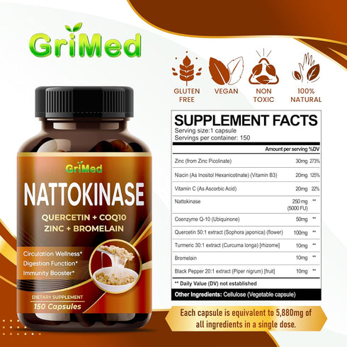 Nattokinase 8,800mg X8 Power with Quercetin, CoQ10, Zinc for Digestion & Immunity, Made in USA