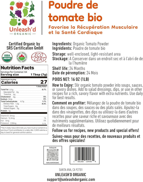 UNLEASH'D ORGANIC 16oz 100% Organic Tomato Powder Pure Tomato Powder, USDA Organic, No Additives, for Smoothies, Soups