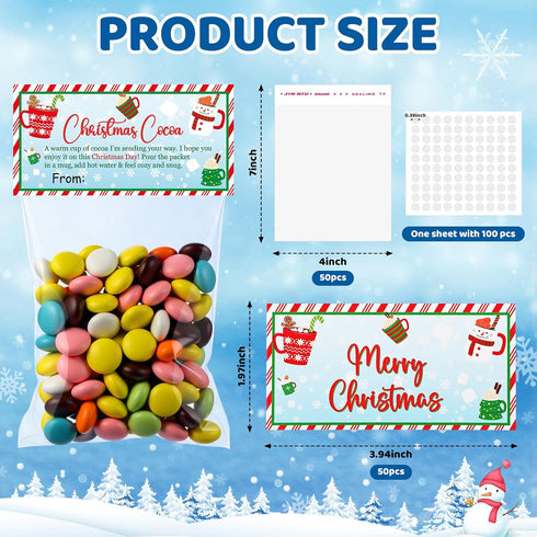 Watersay Wrapping(50 Sets,Cocoa) Christmas Treat Bags Toppers with Self Adhesive Bag Cute Winter Hot Chocolate Candy
