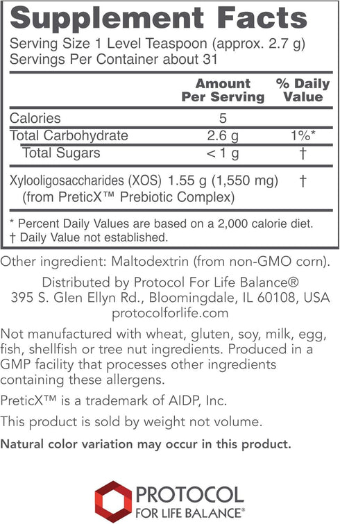 Protocol Prebiotic Powder XOS - 1.55g per Serving - Intestinal Flora - Supports GI Tract & Gut Health* - Kosher & Non-GMO - 3 oz
