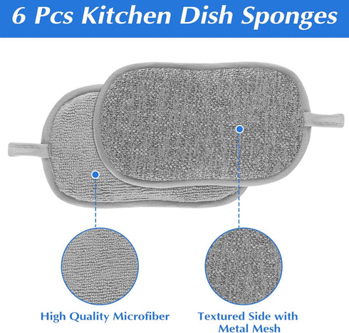 6 Pack Multipurpose Dish Scrubber Sponges | Non-Scratch Microfiber Side for Dishes, Rough Side for Non-Stick Cookware |