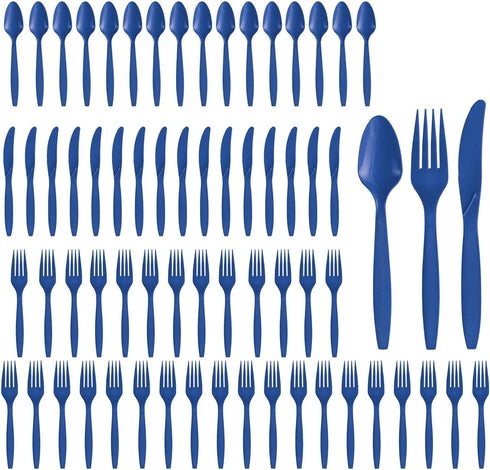 Party City Assorted Disposable Cutlery Set, 64-Piece Set (Royal Blue) - 32 Forks, 16 Knives & 16 Spoons - Go Brightly Heavy Duty Disposable Plastic Forks, Spoons & Knives - Party Supplies Cutlery by Party City