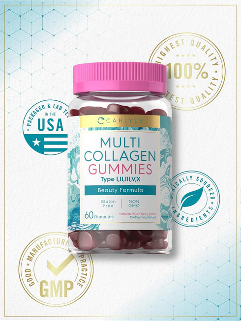 Carlyle Collagen Gummies, 60 Count Multi Collagen Complex Supplement, Mixed Berry Flavor, Non-GMO, Gluten Free