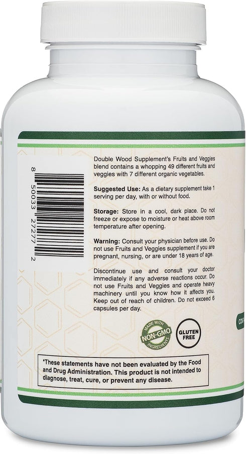 Fruits and Veggies Supplement - 180 Capsules, Daily Blend of 49 Fruits & Vegetables, Vegan Safe & Non-GMO by Double Wood