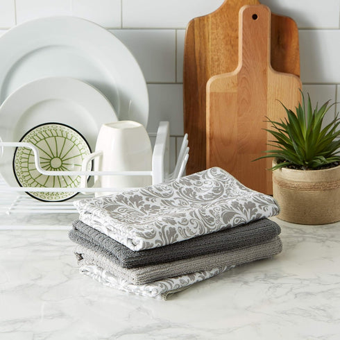 DII Cleaning Collection Multi-Purpose Microfiber Dishtowel Set, Gray Damask