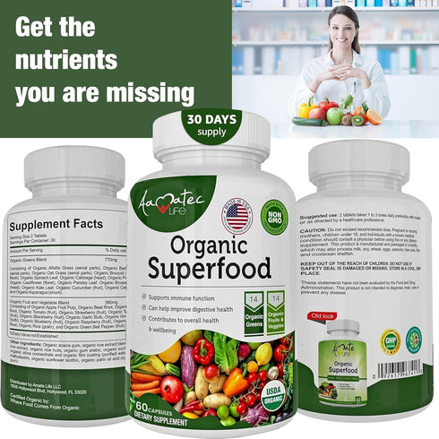 Organic Superfood Greens Fruits and Veggies Complex - Dietary Supplement with 14 Greens & 14 Fruits, Non-GMO