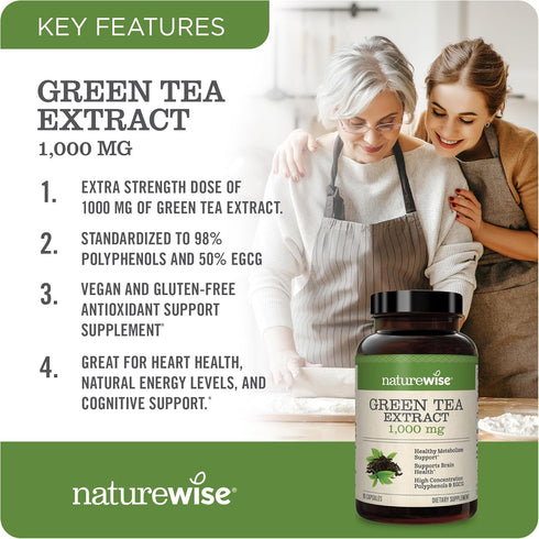 NatureWise Green Tea Extract Capsules | 1000 mg - 50% EGCG & 98% Polyphenols - 90 Capsules for Heart Health
