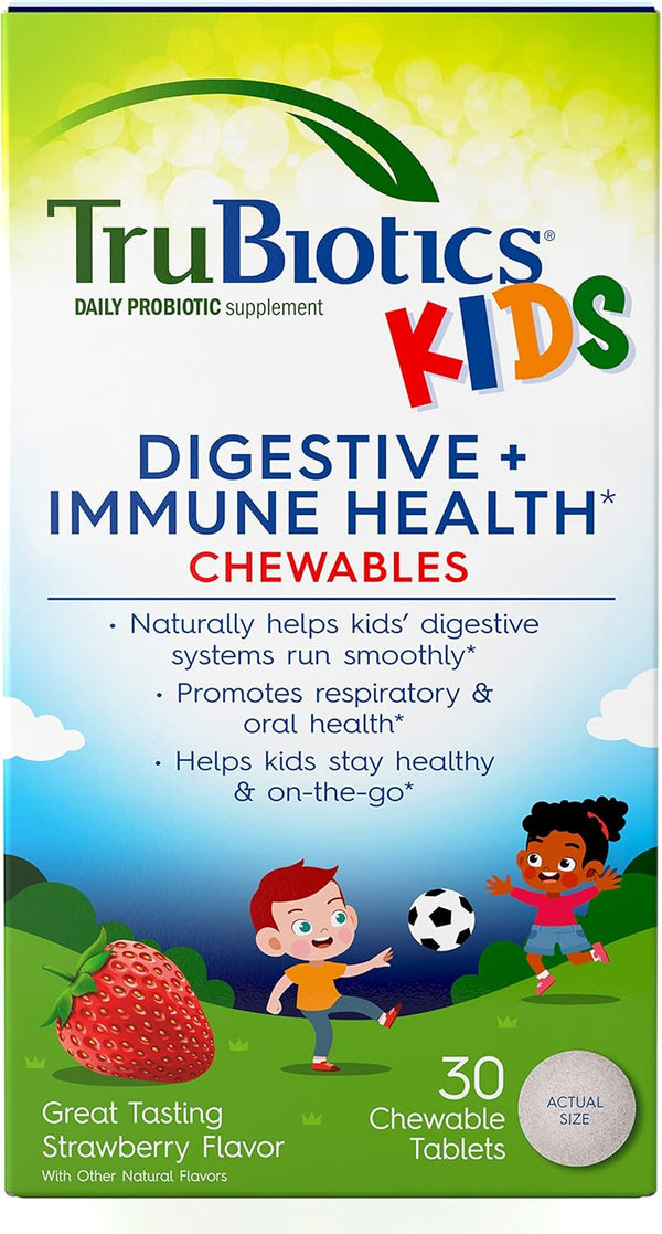 TruBiotics Probiotics for Kids, Sugar-Free Chewable for Digestive & Immune Health, Natural Strawberry Flavor, 30 Tablets
