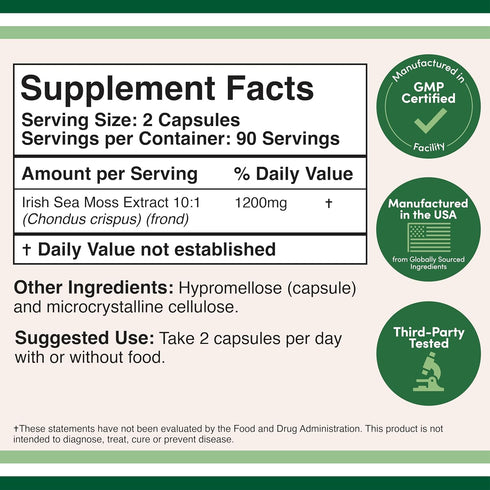 Irish Sea Moss Capsules, More Potent Than Sea Moss Gel Extract (180 Count, 1,200mg per Serving) Nutrient Rich Superfood