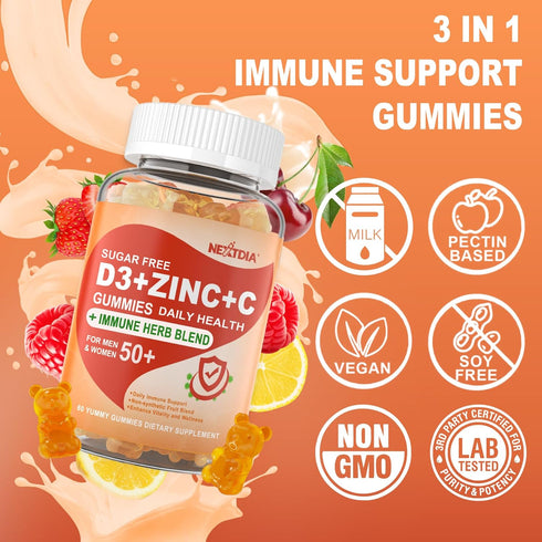Sugar Free Vitamin C + D3 + Zinc Gummies for Adults 50+, 9 in 1 Immune Defense Supplement with Elderberry, Echinacea