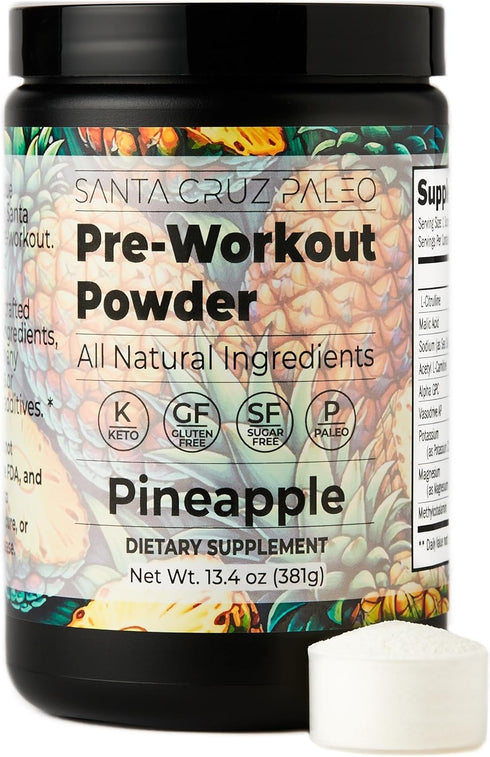 Santa Cruz Paleo Natural Pre Workout Powder, Pineapple, Keto Electrolytes with Magnesium, 30 Servings for Energy &