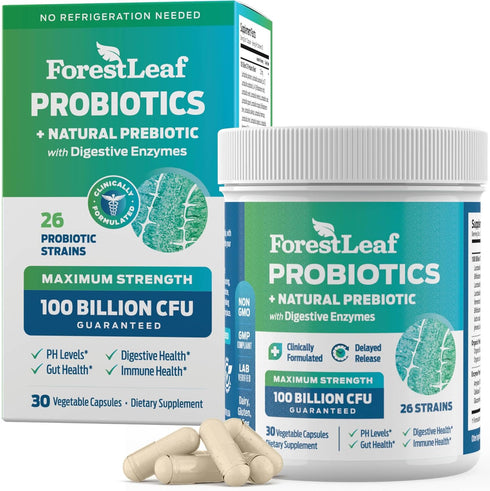 ForestLeaf Clinically Studied Probiotics - 100 Billion CFU, 26 Strains with Organic Prebiotic Blend, 30 Capsules