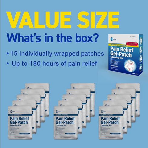 Globe -15 Pack Maximum Strength OTC Pain Relief 4% Lidocaine Patch, 3.9” x 5.5”, Temporary Pain Relief for Back, Neck,