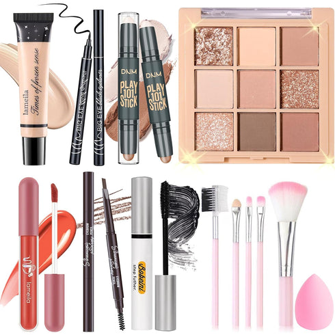 Makeup Set Kit for Women Girls Teens, Includes 9 Color Eyeshadow, Foundation, Eyebrow Pencil, 5Pcs Brushes, Sponge