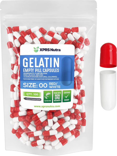 XPRS Nutra Size 00 Empty Capsules - 500 Count Gelatin Capsules for DIY Capsule Filling, Red/White
