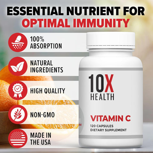 10X Health Vitamin C Supplement - Immune Support with 1000mg Ascorbic Acid - Great for Overall Health & Wellness - 120