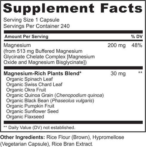 NATURELO Magnesium Glycinate Supplement - 240 Capsules, 200 mg Glycinate Chelate with Organic Vegetables for Sleep &
