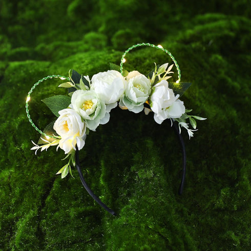 White Rose Flower Light Up Mouse Ear Headband, Floral Headwear for Women Girls, Wedding Party Costume