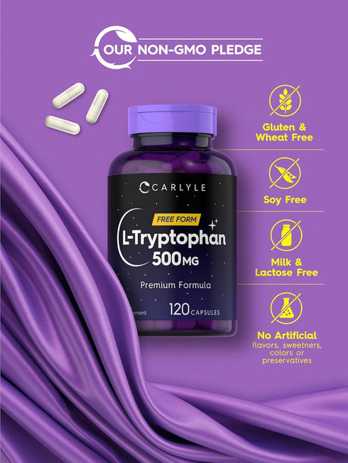 Carlyle L-Tryptophan 500mg - 120 Capsules, Amino Acid Supplement, Free Form, Premium Formula, Non-GMO & Gluten Free