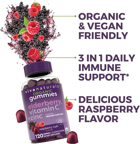 Organic Sambucus Elderberry Gummies with Zinc and Vitamin C, 120 Count, Immune Support