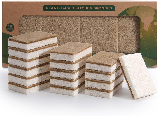 Natural Dish Sponges 16 Pack - Biodegradable Kitchen Compostable Cellulose Coconut Scrubber, No Scratch