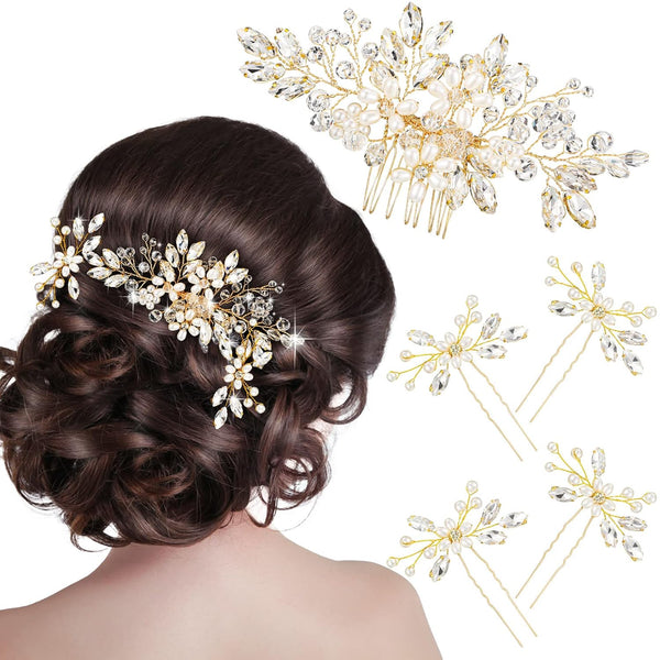 Yeshone 5 Pieces Wedding Hair Comb, Bridal Hair Pins with Crystal Pearl Accessories for Bride Women (Gold)