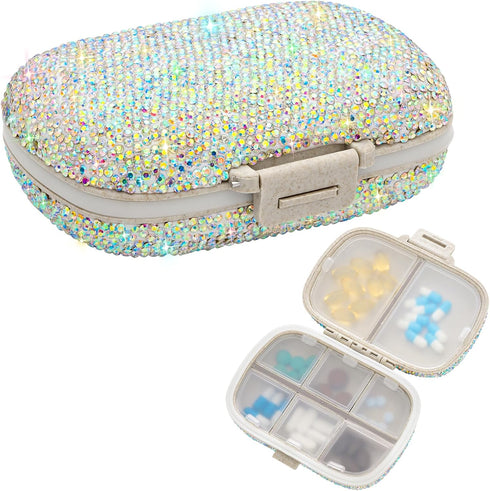 Soleebee Portable 8 Compartments Daily Pill Organizer, Bling Crystal Diamond Pill Box, Small Travel Medicine Container