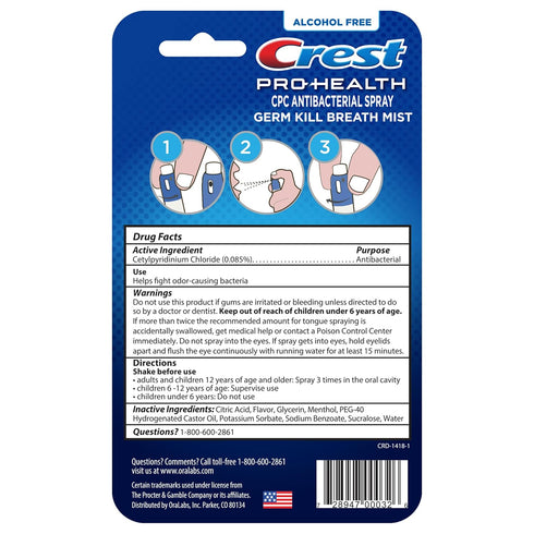 Crest Pro-Health Portable Alcohol-Free CPC Mist, Clean Mint Flavor, 1 Count (0.44oz) Breath Spray Fights Odor