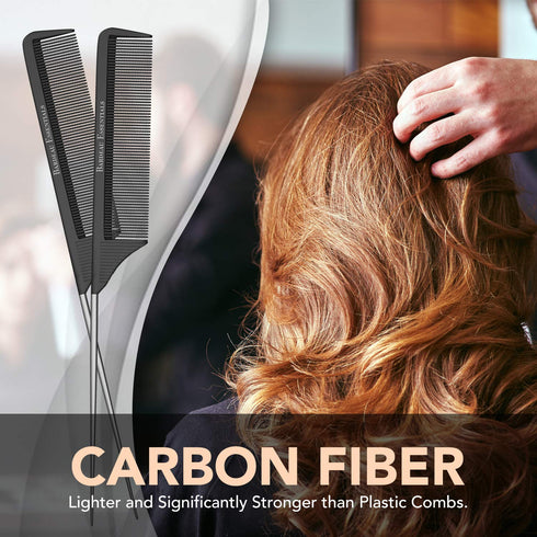 Professional 8.8 Inch Tail Comb - Black Carbon Fiber & Stainless Steel Pintail - Lightweight, Anti Static, Heat