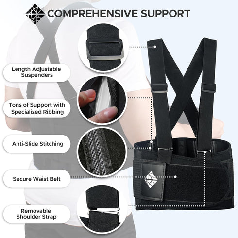 Adjustable Lower Back Support Belt with Suspenders - Heavy Duty Work Brace for Men & Women, Industrial Strength Lumbar